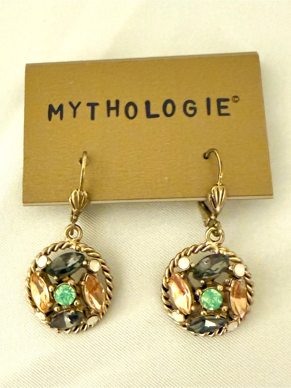 Mythologie Gold Tone Smoky Gray Champagne Crystal Leverback Drop Earrings